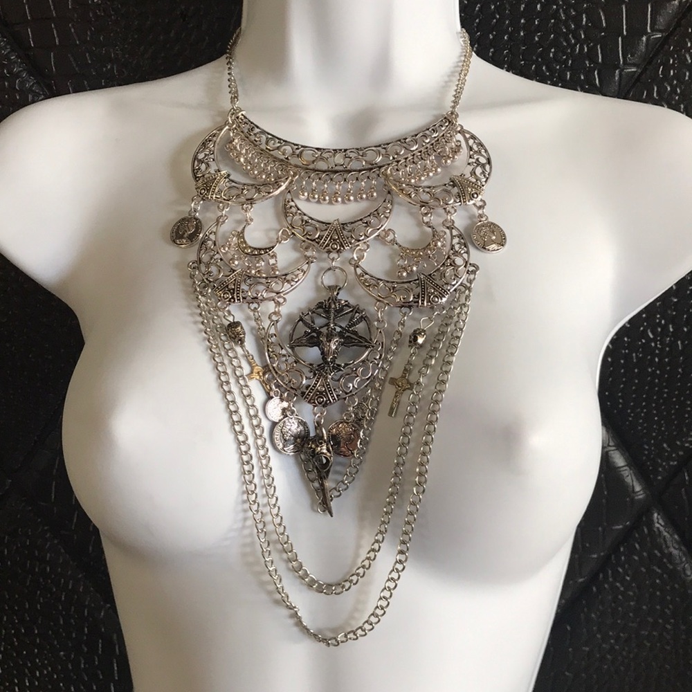 Silver Tiered Baphomet Statement Necklace